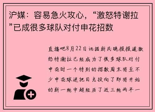 沪媒：容易急火攻心，“激怒特谢拉”已成很多球队对付申花招数